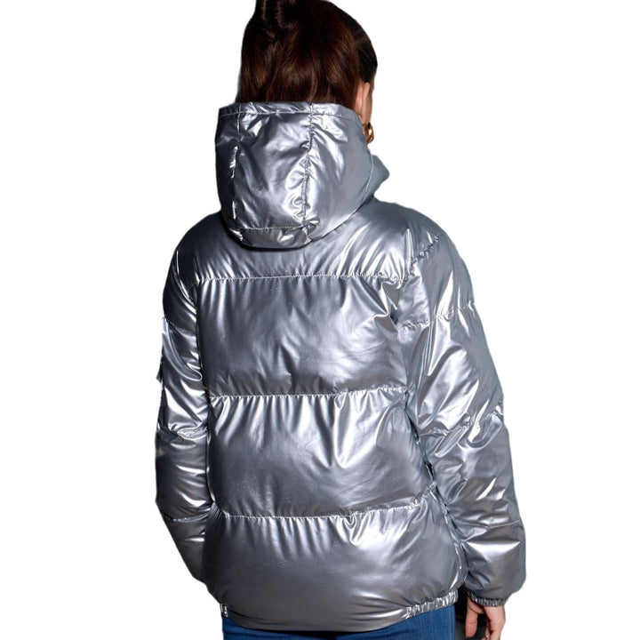 Damen Glänzende Oversize-Steppjacke mit Kapuze & elastischen Bündchen Echoarchiv