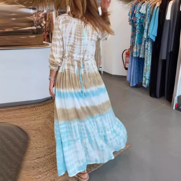 Damen nan luftiges Batik-Stufenkleid mit V-Ausschnitt, Empire-Taille und elastischen Ärmeln Echo Archiv