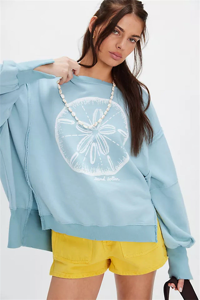 Damen oversized Sweatshirt mit Rüben-Print, ausgefransten Nahtakzenten und Daumenlochärmeln – Avérine