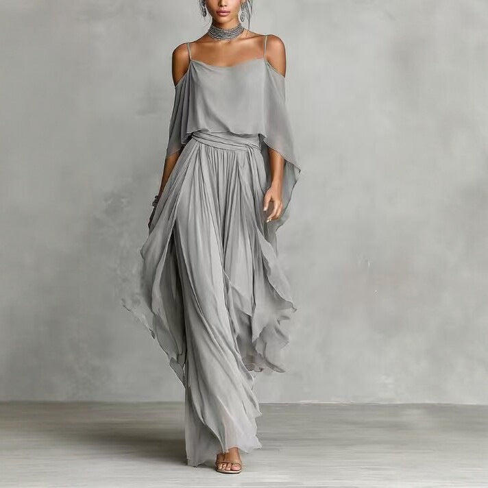 Damen Lange Chiffon Maxi Kleid mit Kaltem Schulter, Spaghetti-Träger und Geschichtetem Cape – Valéora