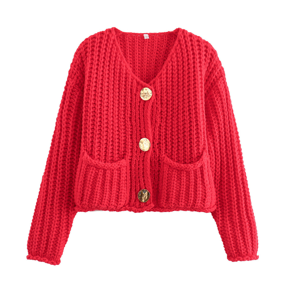 Damen Kurzcardigan im Rippen-Grobstrick mit aufgesetzten Taschen und Statementknöpfen – Veloura