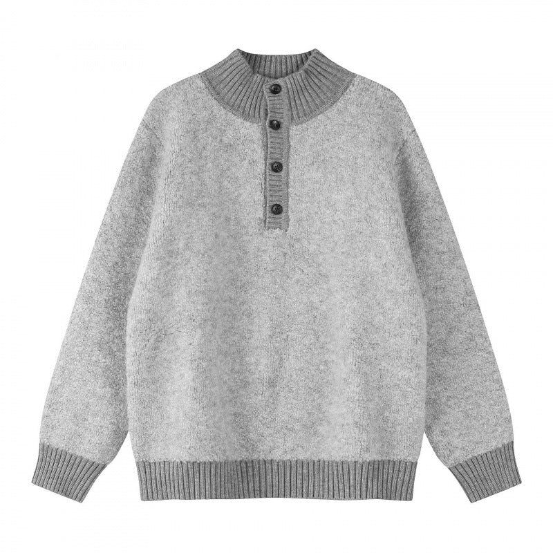Unisex Boxy-Strickpullover mit Henley-Knopfleiste und hochgezogenem Rippkragen Echo Archiv