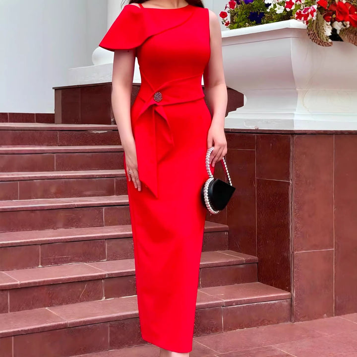Damen figurbetontes Abendkleid mit asymmetrischer Schulter und Taillengürtel Echo Archiv
