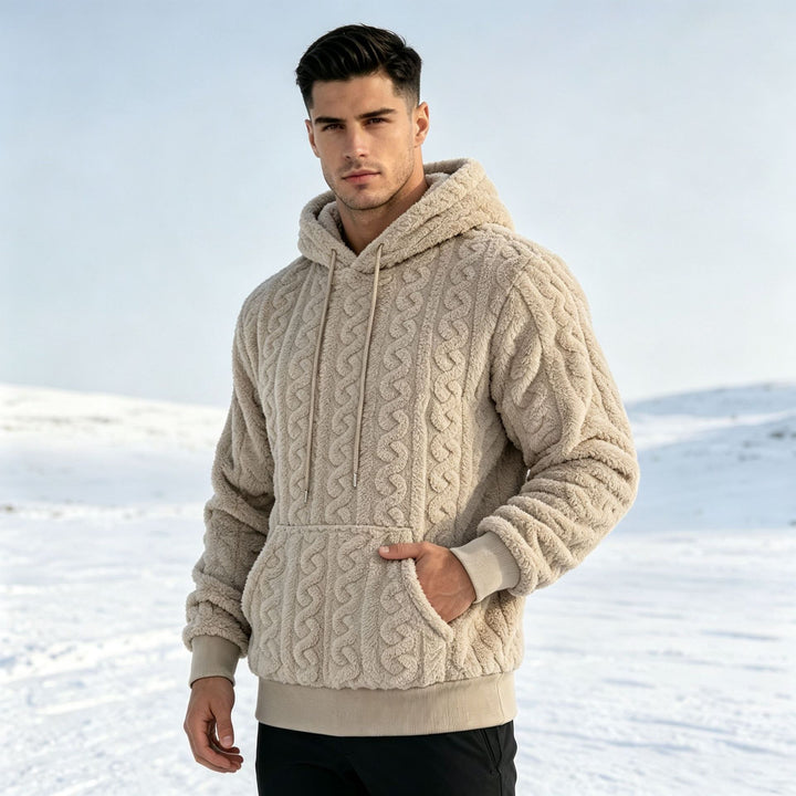 Herren Sherpa-Kapuzenpullover mit Zopfmuster, Kängurutasche und Rippbündchen Echoarchiv
