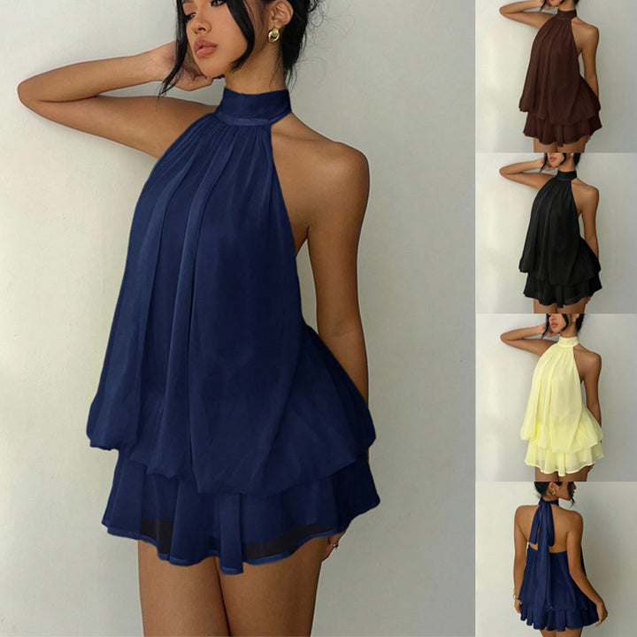 Damen Ärmelloser Chiffon-Playsuit mit hohem Stehkragen, gerafftem Oberteil und Stufen-Shorts – Solévia