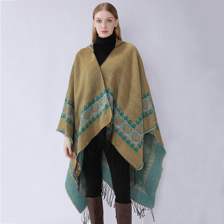 Damen Kapuzen-Capeponcho aus Wollmix mit Herz-Jacquard und Fransensaum – Célinea