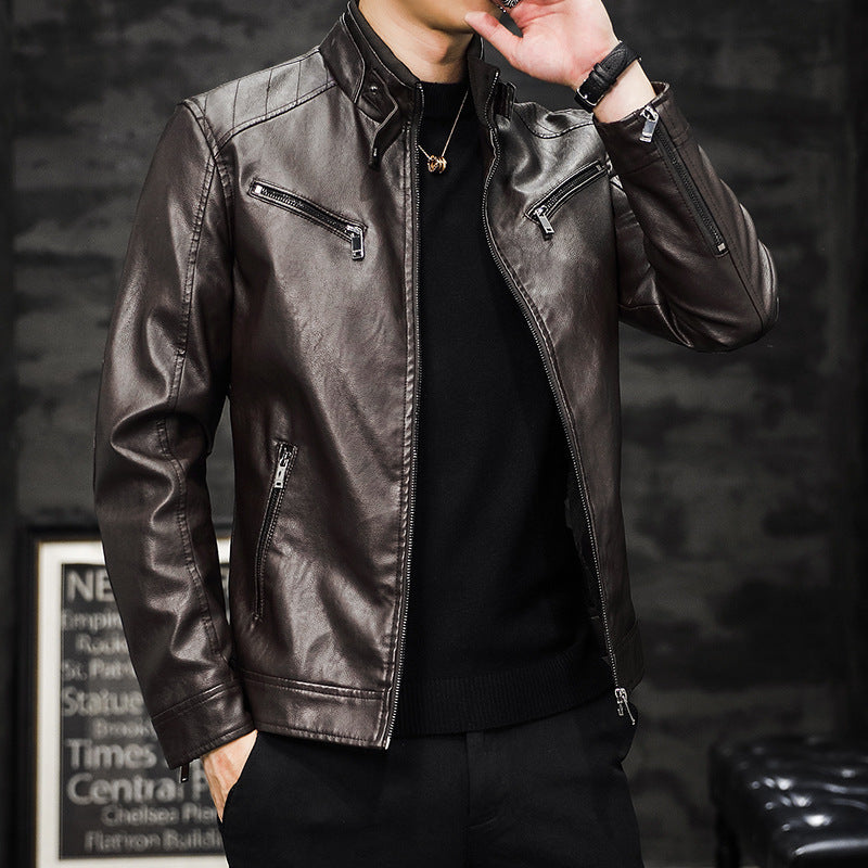 Herren Moderne Kunstlederjacke mit Stehkragen und Reißverschlusstaschen Echo Archiv