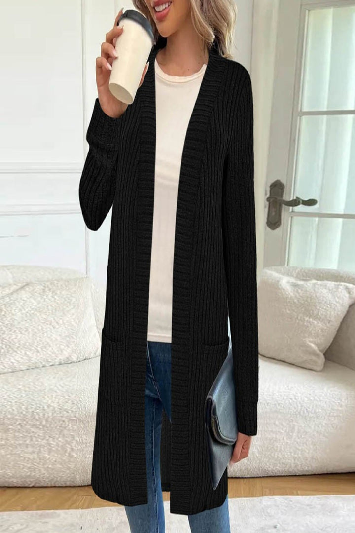 Damen Langer Feinstrick-Cardigan mit Rippenstruktur, offenen Kanten und Eingrifftaschen – Veloura