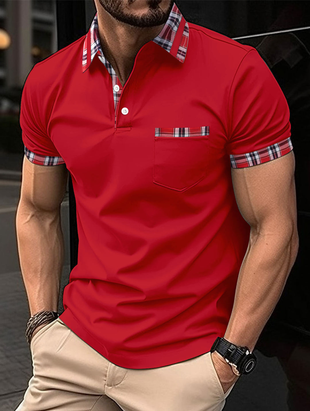 Herren Kurzarm-Casual-Polo mit markanten Karodetails Echoarchiv