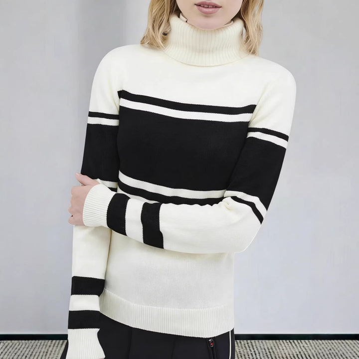 Damen langes Rollkragen Strickkleid mit Sternmotiv, Blockstreifen und elastischem Rippbündchen – Mavelle