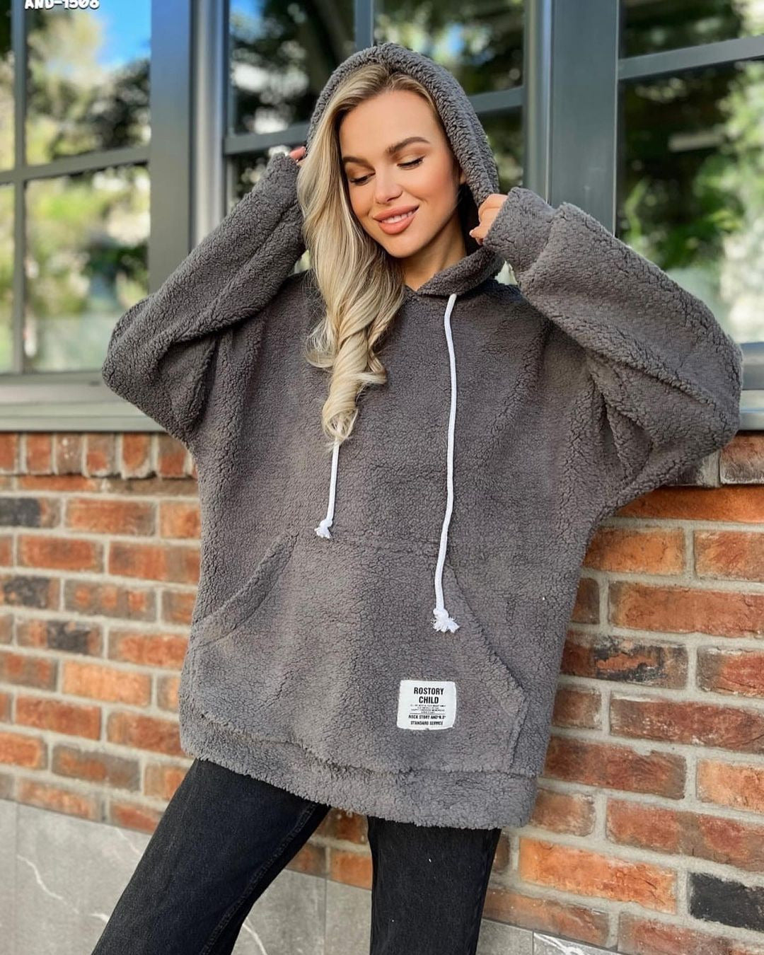 Damen Kuscheliger Teddy-Hoodie mit Kapuze, Kängurutasche und Oversize-Schnitt Echoarchiv
