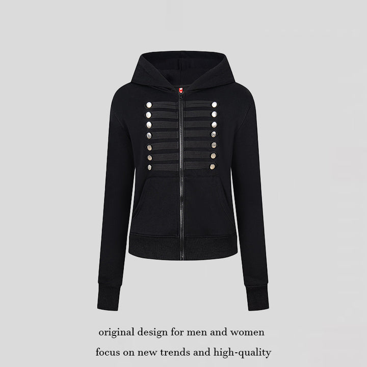 Damen Kapuzen-Sweatjacke mit dekorativer Militär‑Bortenleiste und Zierknöpfen Echoarchiv