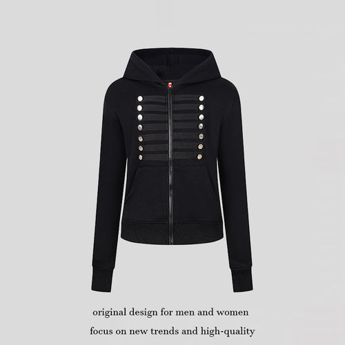 Damen Kapuzen-Sweatjacke mit dekorativer Militär‑Bortenleiste und Zierknöpfen Echoarchiv