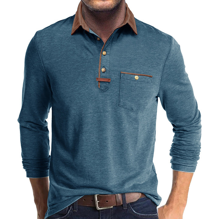 Herren Langarm-Henley-Shirt mit stilvollem Kontrastkragen und eleganter Brusttasche Echoarchiv