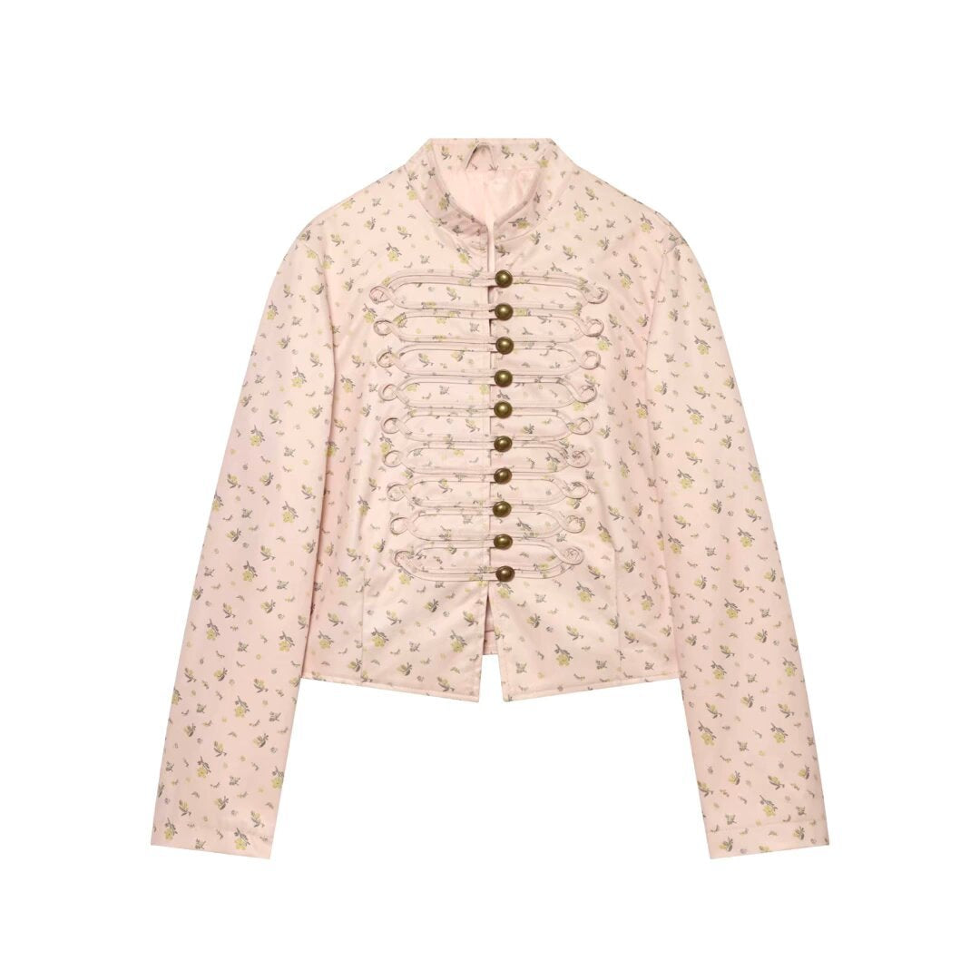 Damen Kurz geschnittene Satin-Militärjacke mit dekorativen Froschverschlüssen und Blumenprint Echo Archiv
