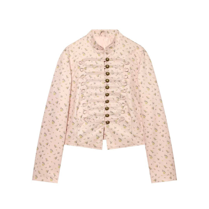Damen Kurz geschnittene Satin-Militärjacke mit dekorativen Froschverschlüssen und Blumenprint Echo Archiv