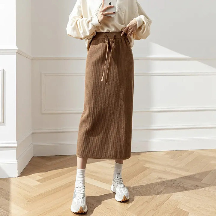 Damen Eleganter Rippstrick-Midirock mit Bindegürtel Echo Archiv