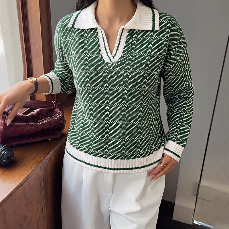 Damen Polokragen-Strickpullover mit V-Ausschnitt und Strukturmuster – Mavelle