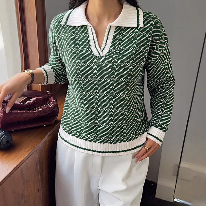 Damen Polokragen-Strickpullover mit V-Ausschnitt und Strukturmuster – Mavelle