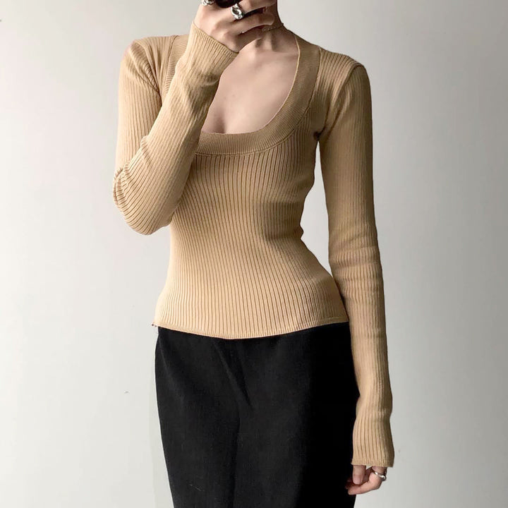 Damen Enganliegendes geripptes Langarmshirt mit tiefem U-Ausschnitt Echo Archiv