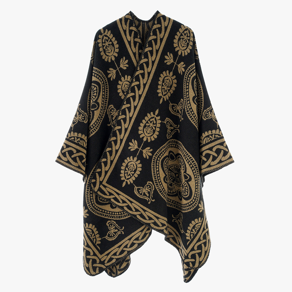 Damen Oversize-Cape mit ornamentalem Jacquard und asymmetrischem Zipfelsaum Echo Archiv