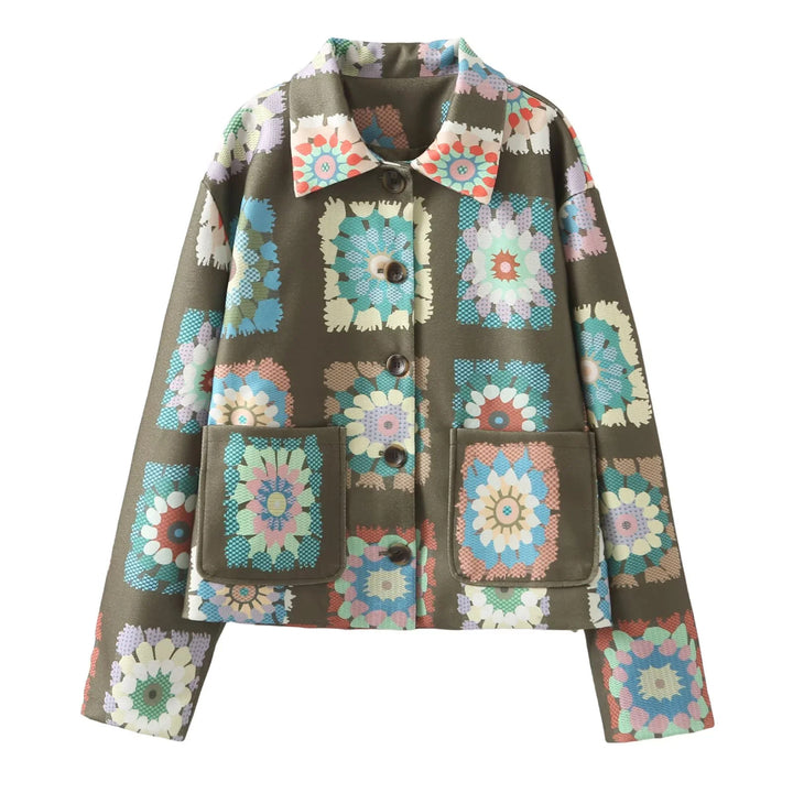 Damen nan gemusterte kurze Boxy-Jacke mit floralen Patchwork-Quadraten Echo Archiv