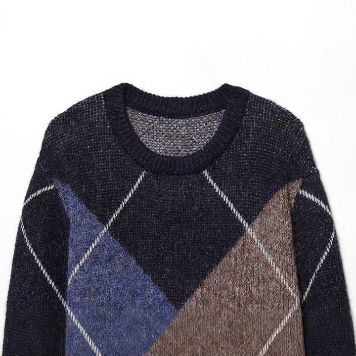 Damen nan kurz geschnittener Argyle-Strickpullover mit Rundhals, Raglanärmeln und geripptem Bund Echo Archiv