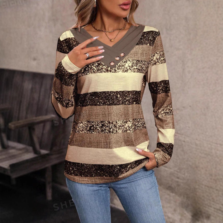 Damen modischer V-Ausschnitt Pullover mit Glitzerstreifen und Knopfdetails Echo Archiv