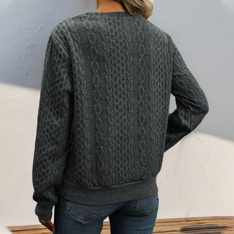 Damen Strukturierter Zopfstrick-Pullover mit asymmetrischer Knopfleiste & Rundhalsausschnitt Echoarchiv
