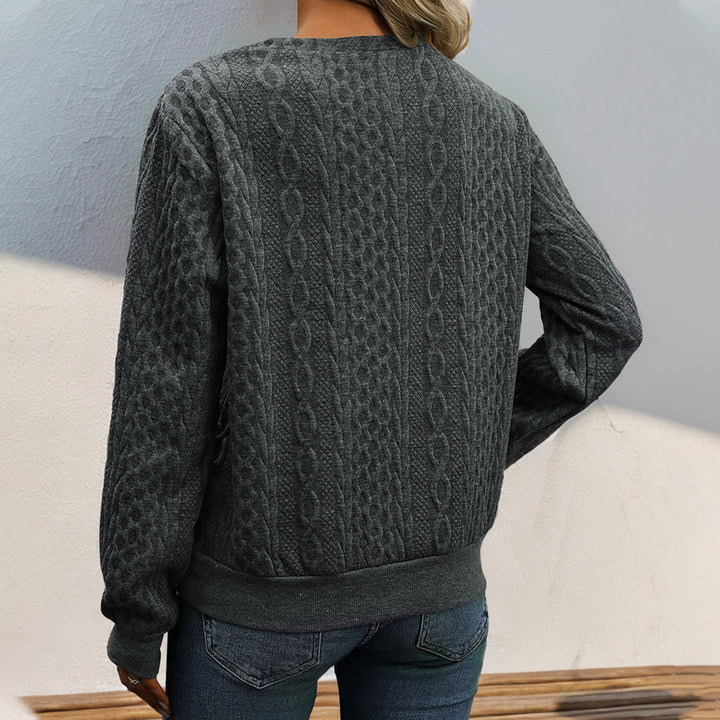 Damen Strukturierter Zopfstrick-Pullover mit asymmetrischer Knopfleiste & Rundhalsausschnitt Echoarchiv