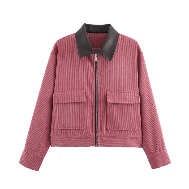 Damen Kordjacke mit Lederkragen, durchgehendem Reißverschluss und aufgesetzten Klappentaschen – Célinea