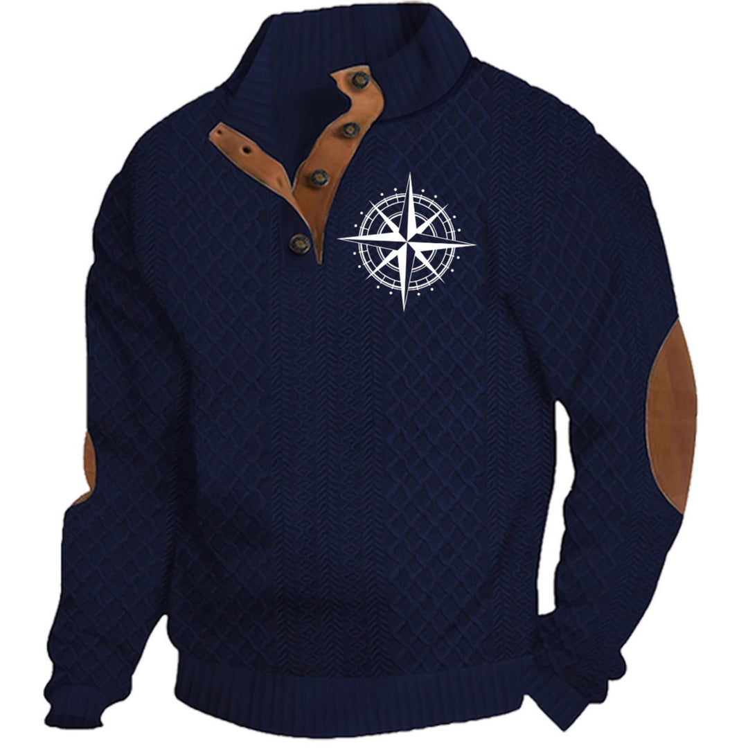Herren nan Heritage-Strukturpullover mit Stehkragen Lederimitat-Besatz Ellenbogen-Patches und Halbknopfleiste Echo Archiv