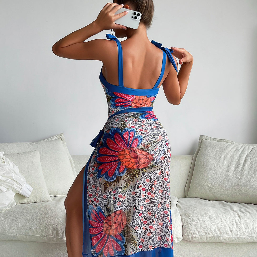 Damen Eleganter und komfortabler Blumendruck-Badeanzug mit passendem Wickelrock Echo Archiv