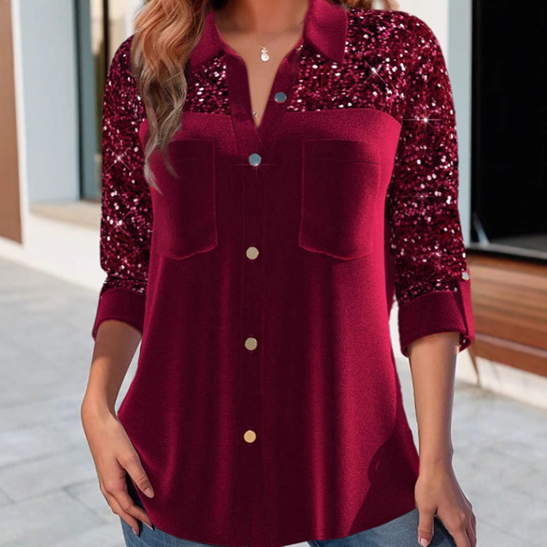 Damen nan Paillettenbesetzte Tunika-Bluse mit Hemdkragen, Brusttaschen und legerer Passform Echo Archiv