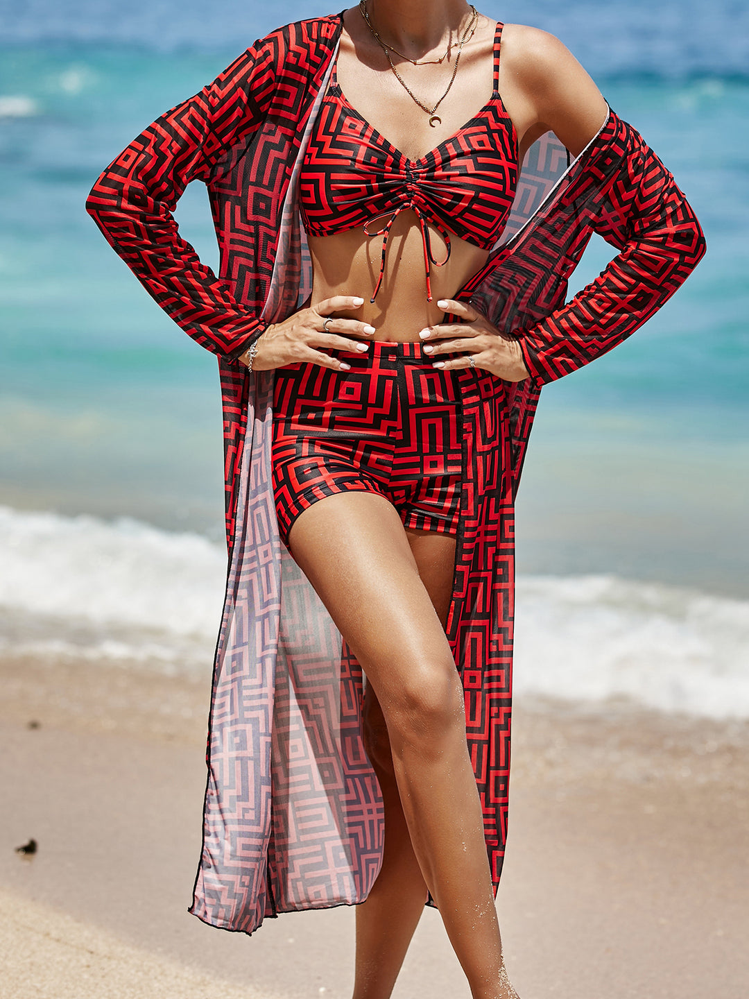 Damen Badeoutfit mit geometrischem Design und transparenter Kimono Echo Archiv