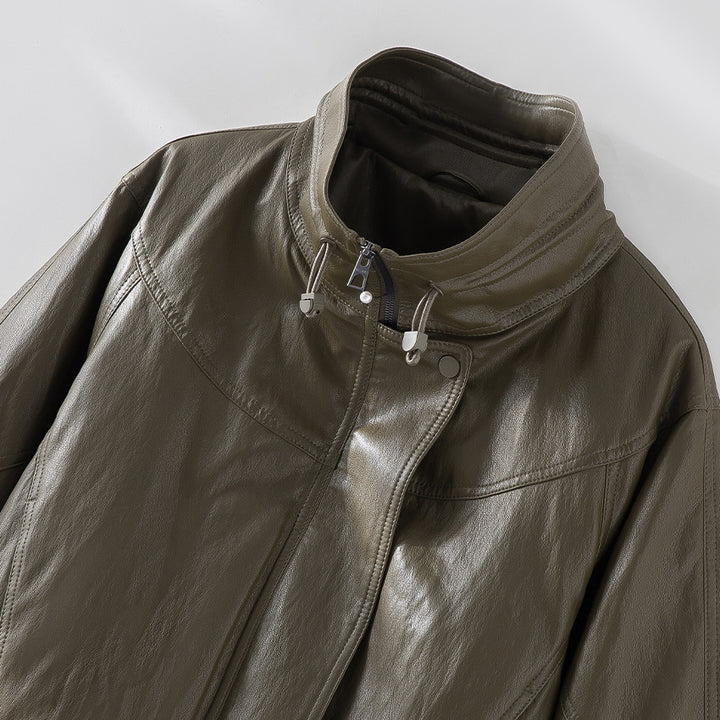 Damen Oversized Lederimitat-Bomberjacke mit Stehkragen und elastischem Saum Echoarchiv