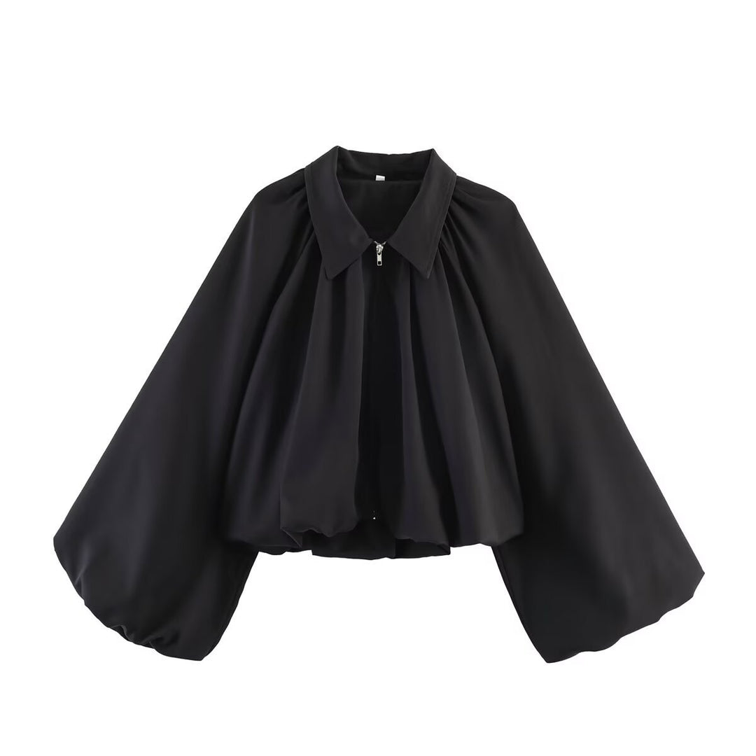 Damen Cropped-Blusenjacke mit voluminösen Ballonärmeln und Reverskragen Echoarchiv