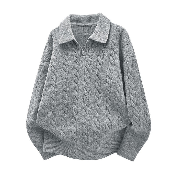Damen Oversize Kabelstrick-Polo-Pullover mit V‑Ausschnitt und geripptem Saum Echoarchiv