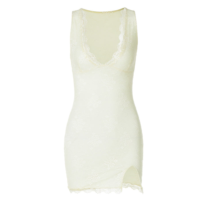 Damen Spitzenkleid mit tiefem V-Ausschnitt und seitlichem Schlitz Echo Archiv