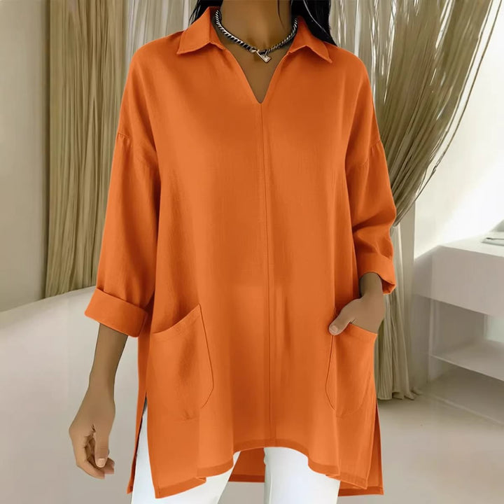 Damen Oversize-Tunika mit Hemdkragen, V-Ausschnitt und aufgesetzten Taschen Echo Archiv