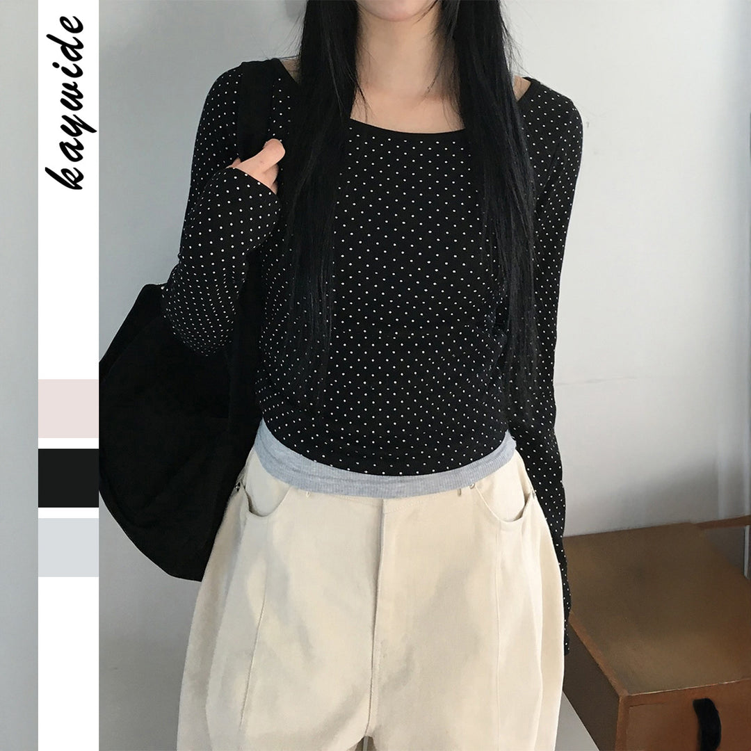 Damen nan geripptes Crop-Longsleeve mit feinem Pünktchenmuster und U-Ausschnitt Echo Archiv