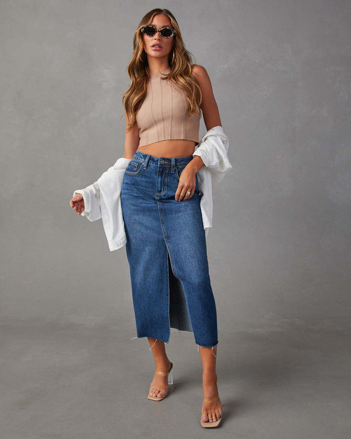 Damen nan hochgeschnittener Midi-Jeansrock mit mittigem Frontschlitz und rohem Saum Echo Archiv