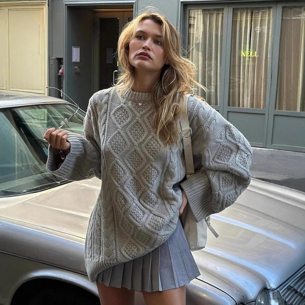 Damen Oversize Strickpullover mit Zopfmuster und Rippbündchen Echoarchiv