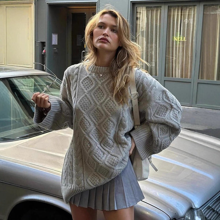 Damen Oversize Strickpullover mit Zopfmuster und Rippbündchen Echoarchiv