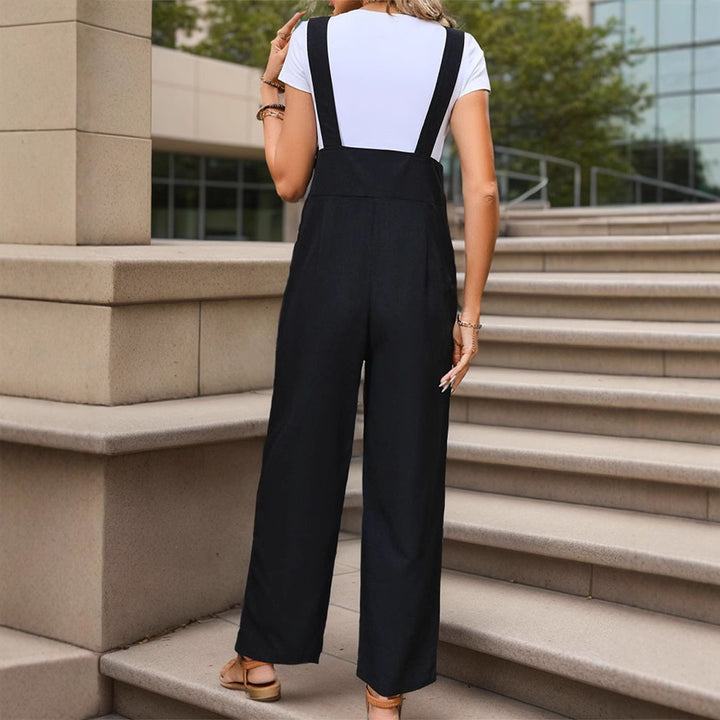 Damen Weichfallender Latz-Jumpsuit mit weitem Bein und Holzknopf‑Verschluss Echoarchiv
