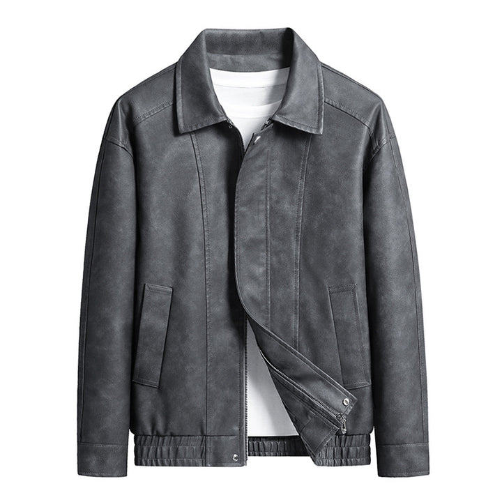 Herren Kurz geschnittene Kunstlederjacke im Vintage‑Look mit Hemdkragen & durchgehendem Reißverschluss Echoarchiv