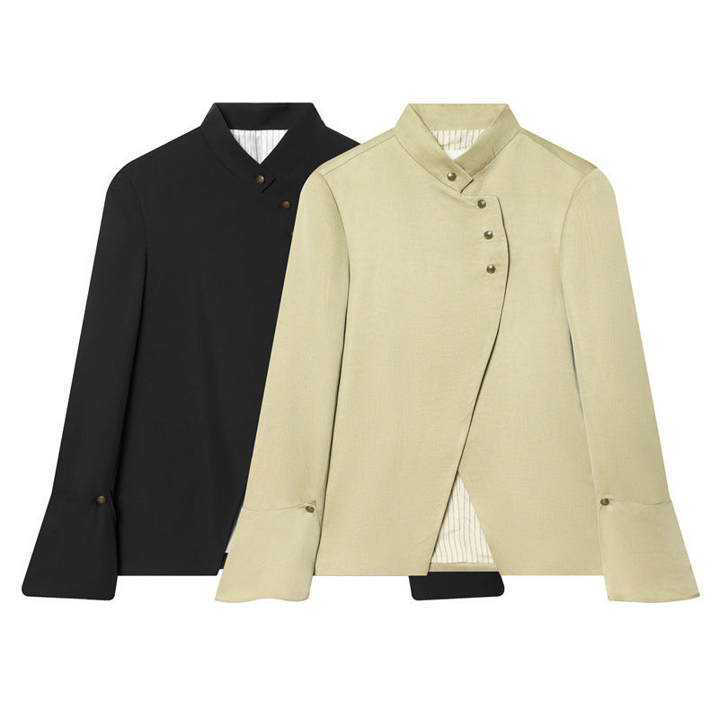 Damen Asymmetrische Blusenjacke mit Stehkragen und ausgestellten Manschetten Echo Archiv