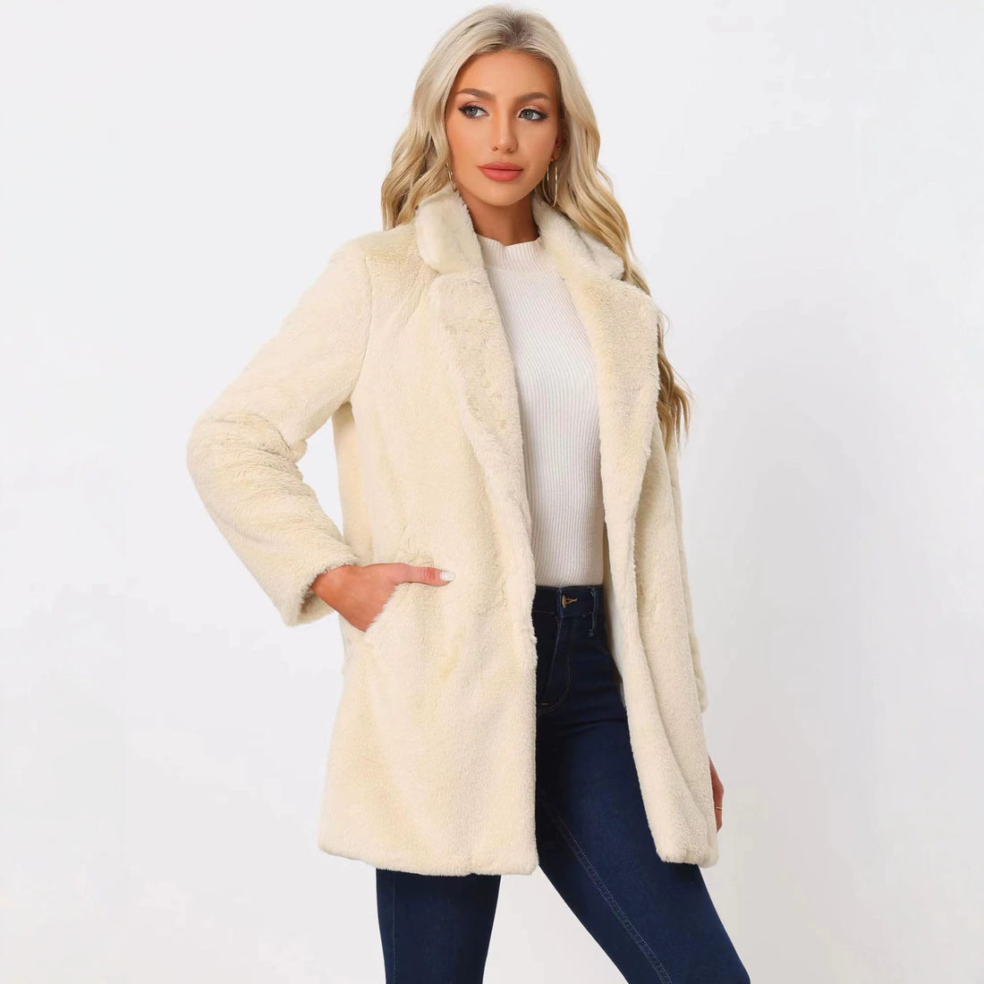 Damen Midilanger Kunstpelz‑Mantel mit softem Schalkragen und Eingrifftaschen Echo Archiv