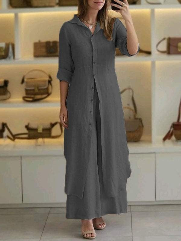 Damen nan langes Leinen-Hemdblusenkleid mit durchgehender Knopfleiste, Hemdkragen und dezentem A-Linien-Schnitt Echo Archiv