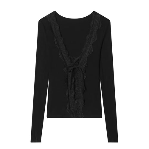 Damen Feines Rippstruktur-Longsleeve mit tiefem V‑Ausschnitt, breiter Spitzenblende und Zierband Echo Archiv